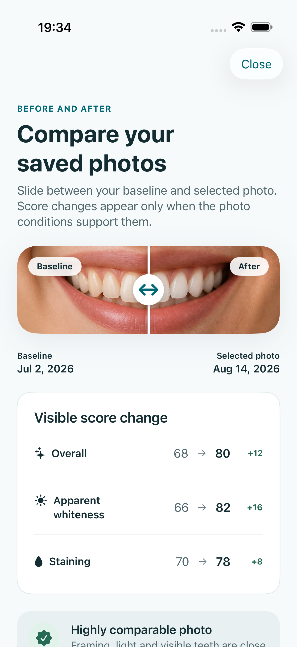 Deterministic simulator view of the Smile Monitor before and after slider using generated smile crops.