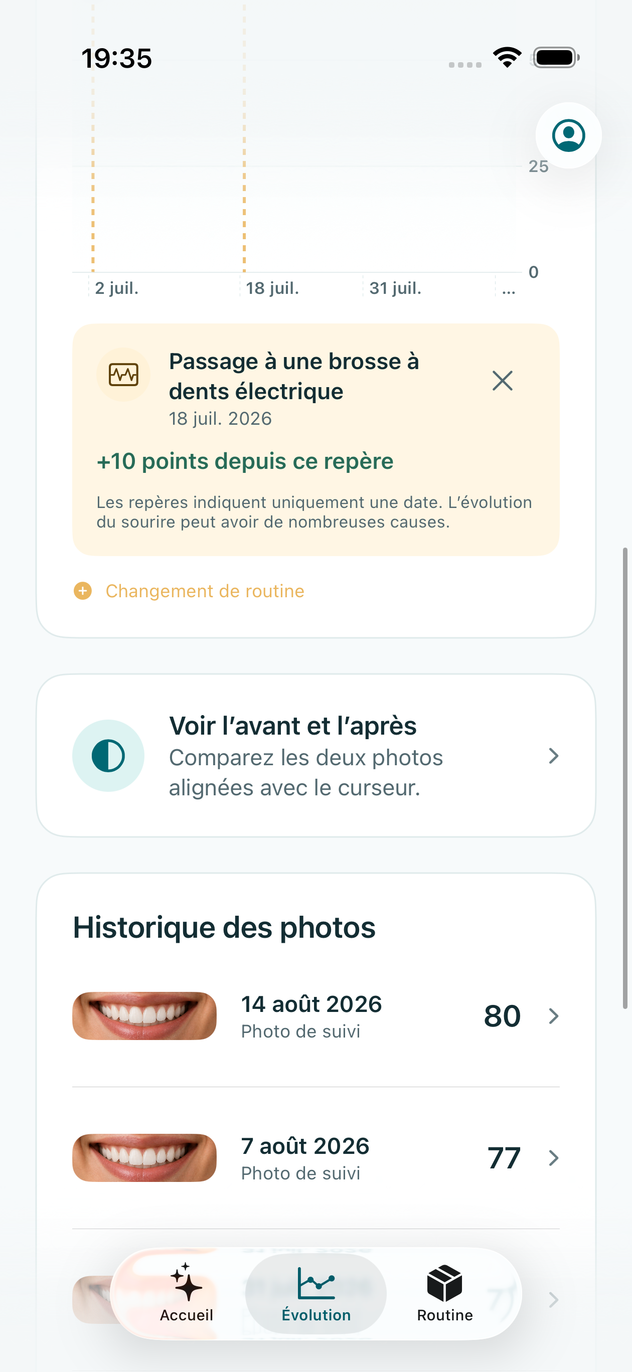 Vue déterministe sur simulateur d’un événement de routine daté et sélectionné dans la chronologie du sourire.